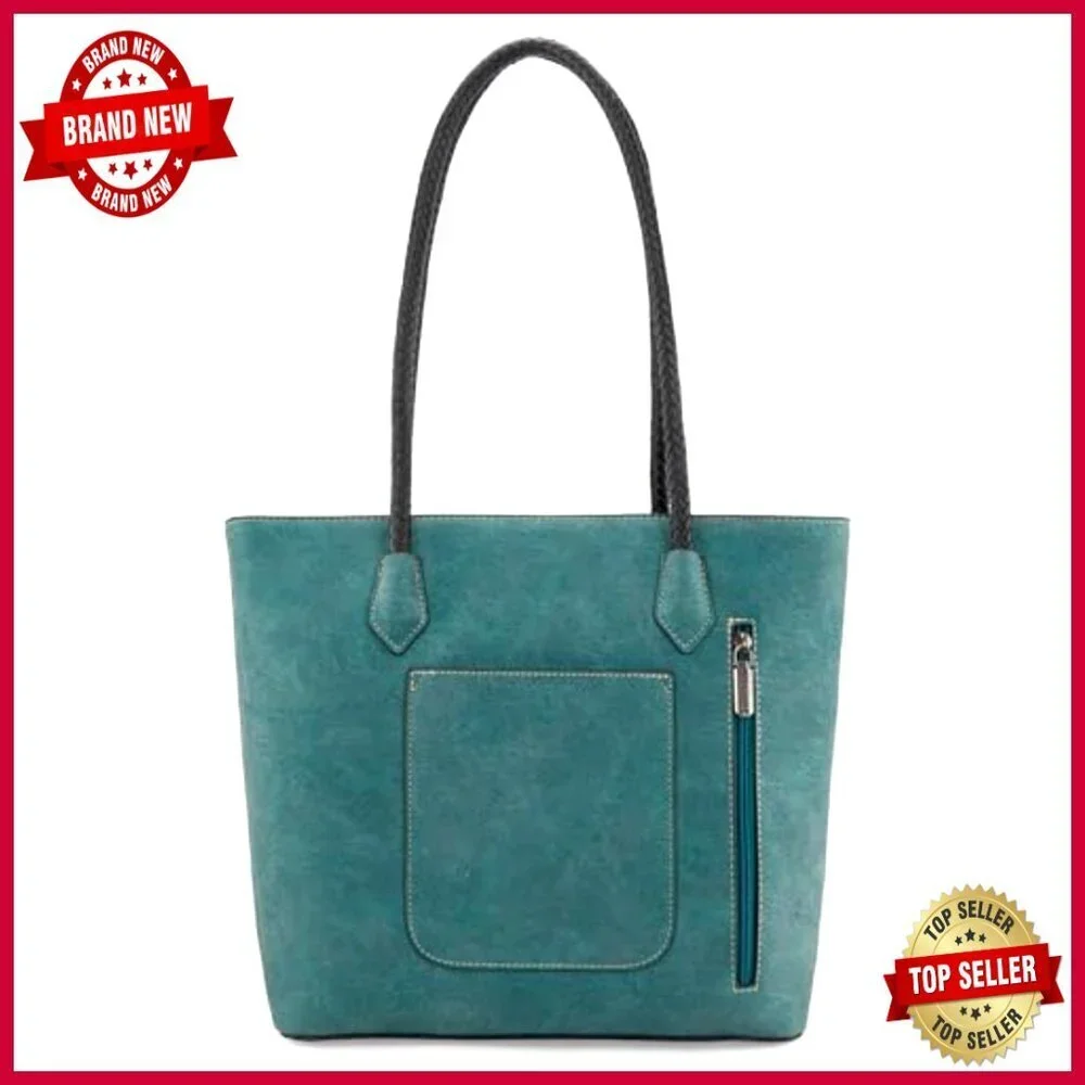 Woven Vegan Leather Tote Bag with Back Zipper Pocket, 8 Compartments